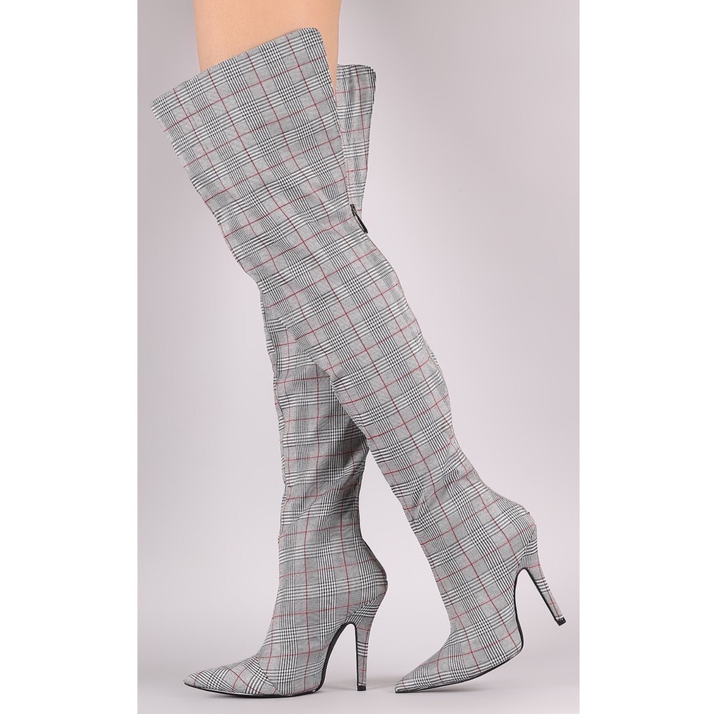 Glen Plaid Pointy Toe Over-The-Knee Stiletto Boots